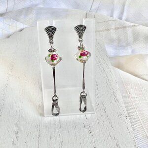 Silvertone Vintage Glass Beaded Floral Dangle Earrings, Costume Jewelry